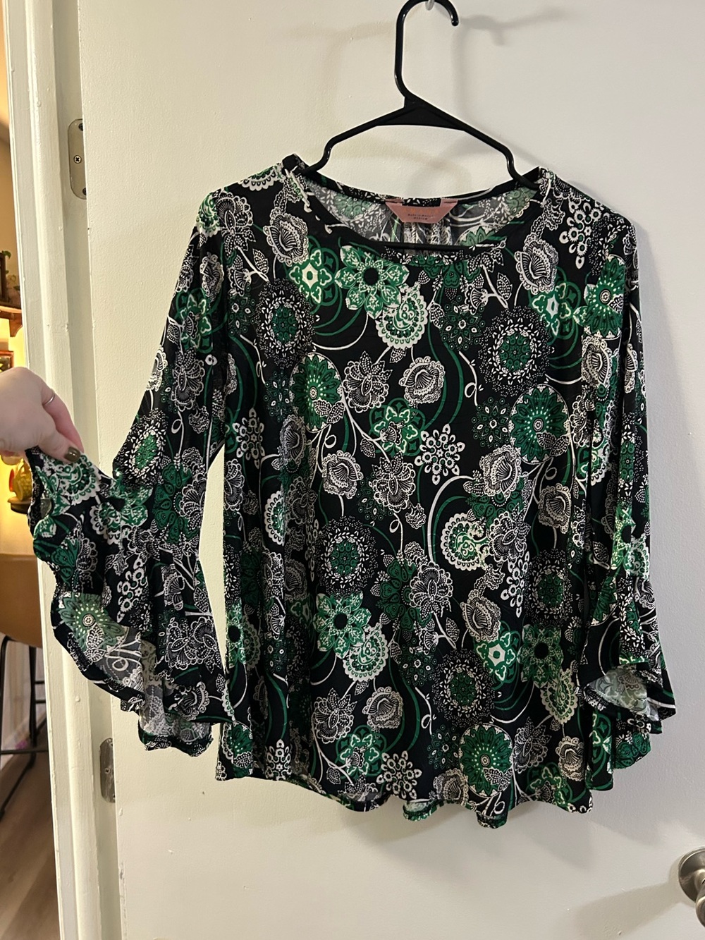 Amana Green and Black Paisley Blouse with Bell Sleeves